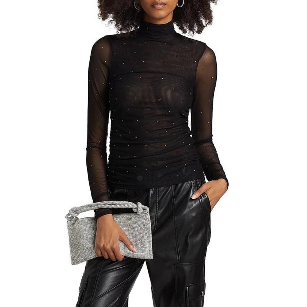 Cinq a Sept Heatset Shirred Mesh Turtleneck Top in Black Silver XS